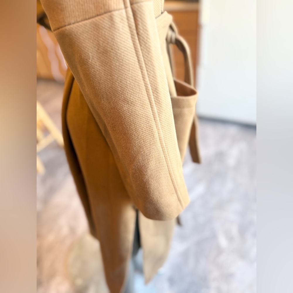 Midi Camel /Caramel Color Open With Tie Waist Round Neck Drop Shoulder Wrap Coat - Picture 5 of 15